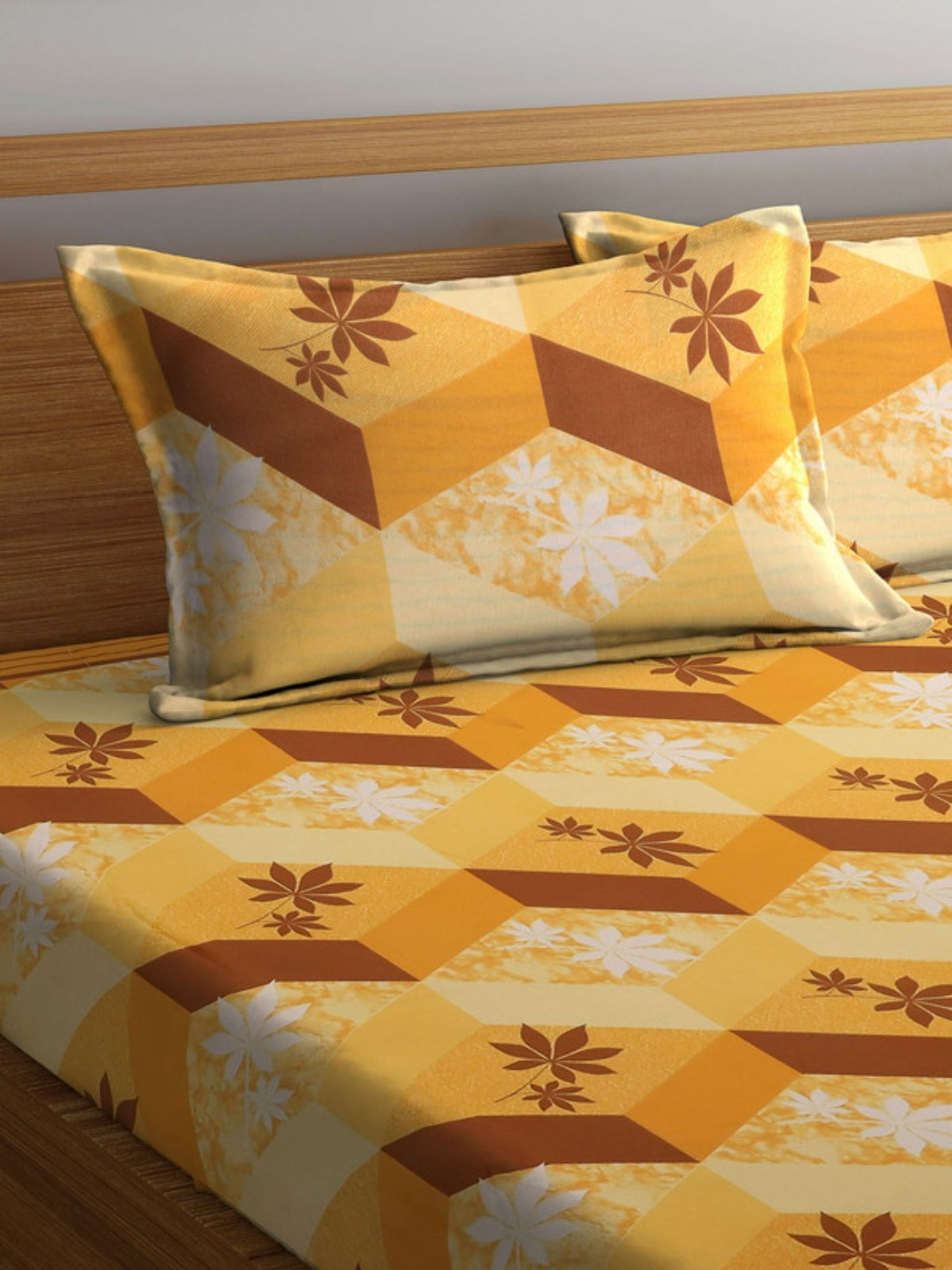 Dhrohar Printed Yellow & Brown Cotton 180 TC Double Bedsheet with 2 Pillow covers