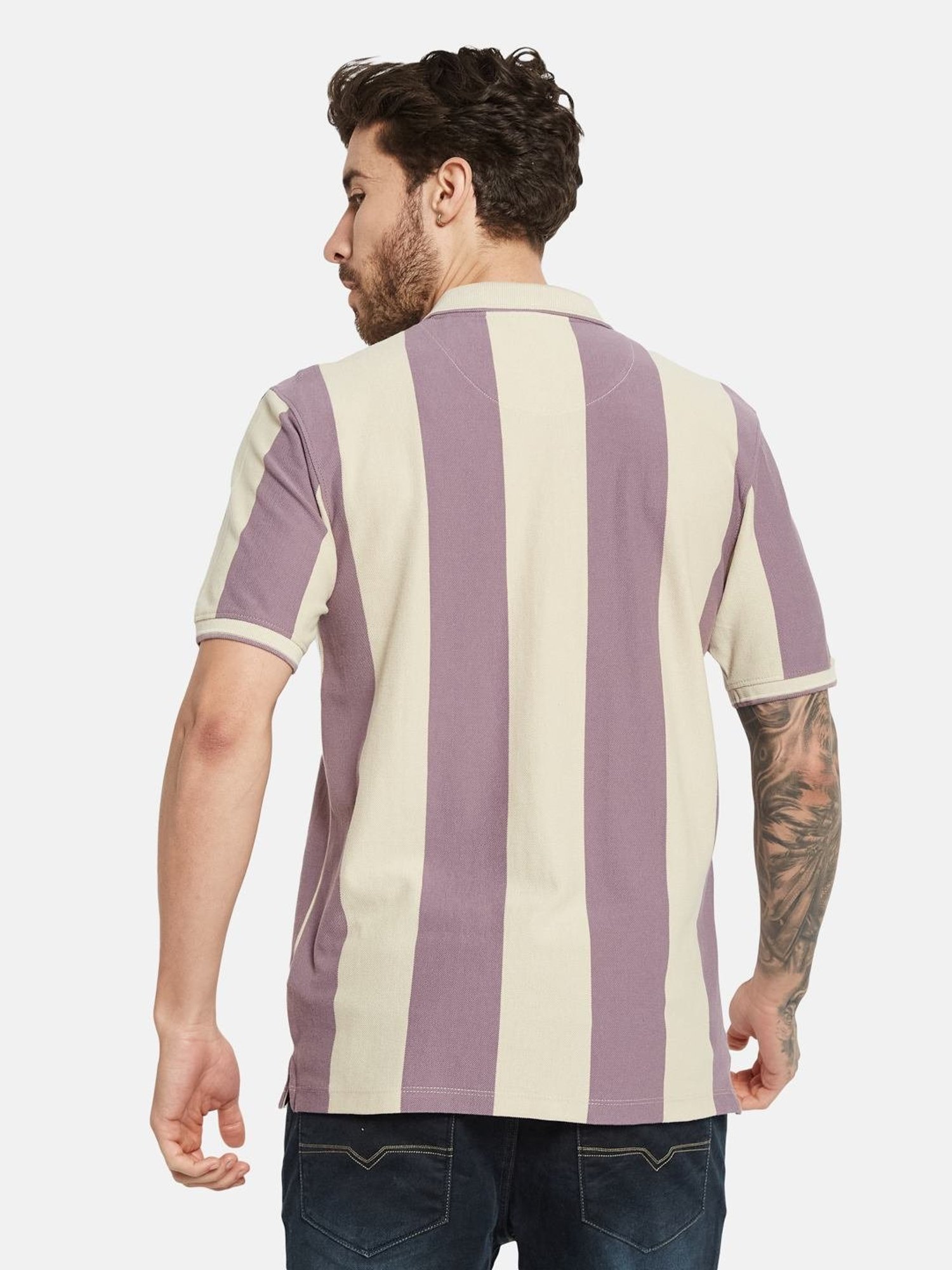 Octave Gravel Cotton Regular Fit Striped Polo T-Shirt