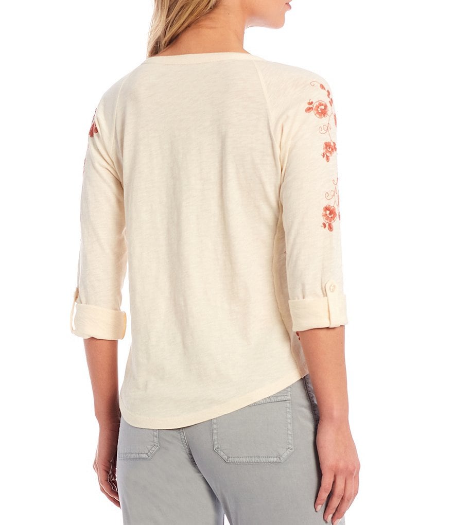 Aventura Carolina Embroidery Long Roll Tab Sleeve Jersey Slub Organic Cotton Top