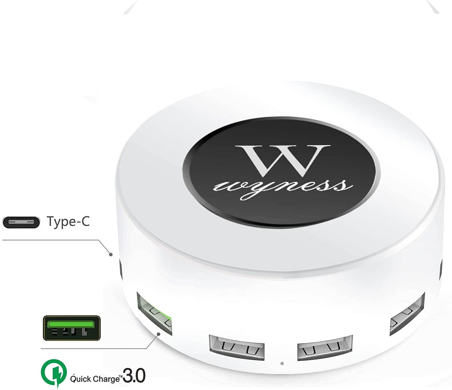 6-Port USB Charger Desktop Charging Station(Type-C Quick Charge 3.0 and 4 USB Ports)PowerPort 6 Multi USB Charger Hub for Smartphone Tablet Headset Bluetooth Speaker and More White