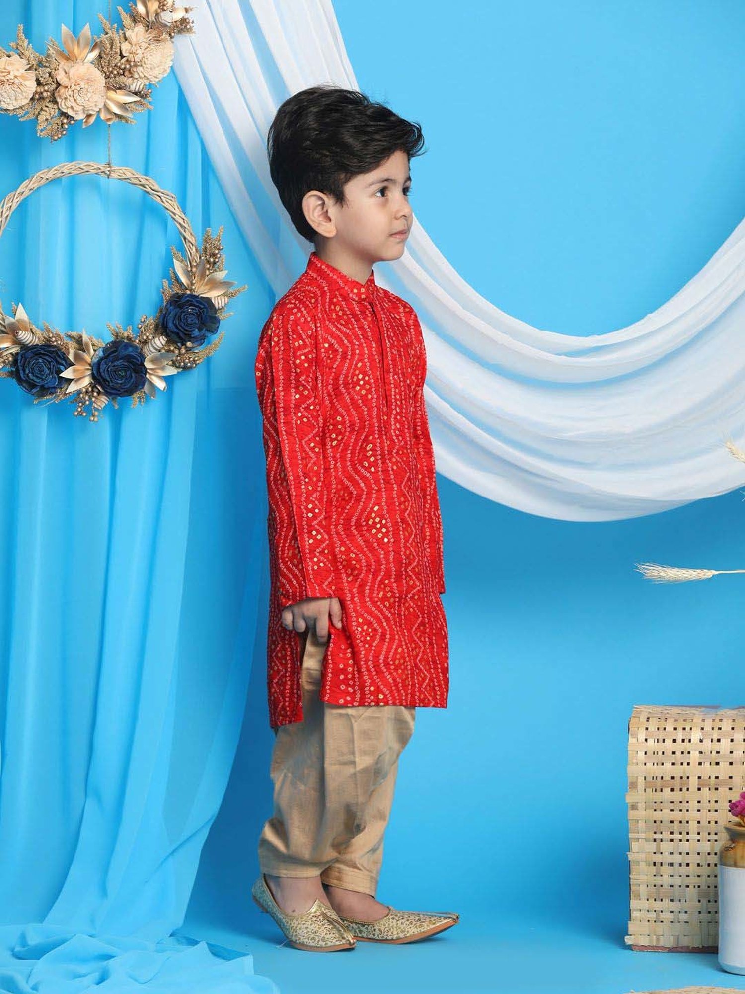 VASTRAMAY Boys Maroon & Rose Gold Printed Full Sleeves Kurta Sets