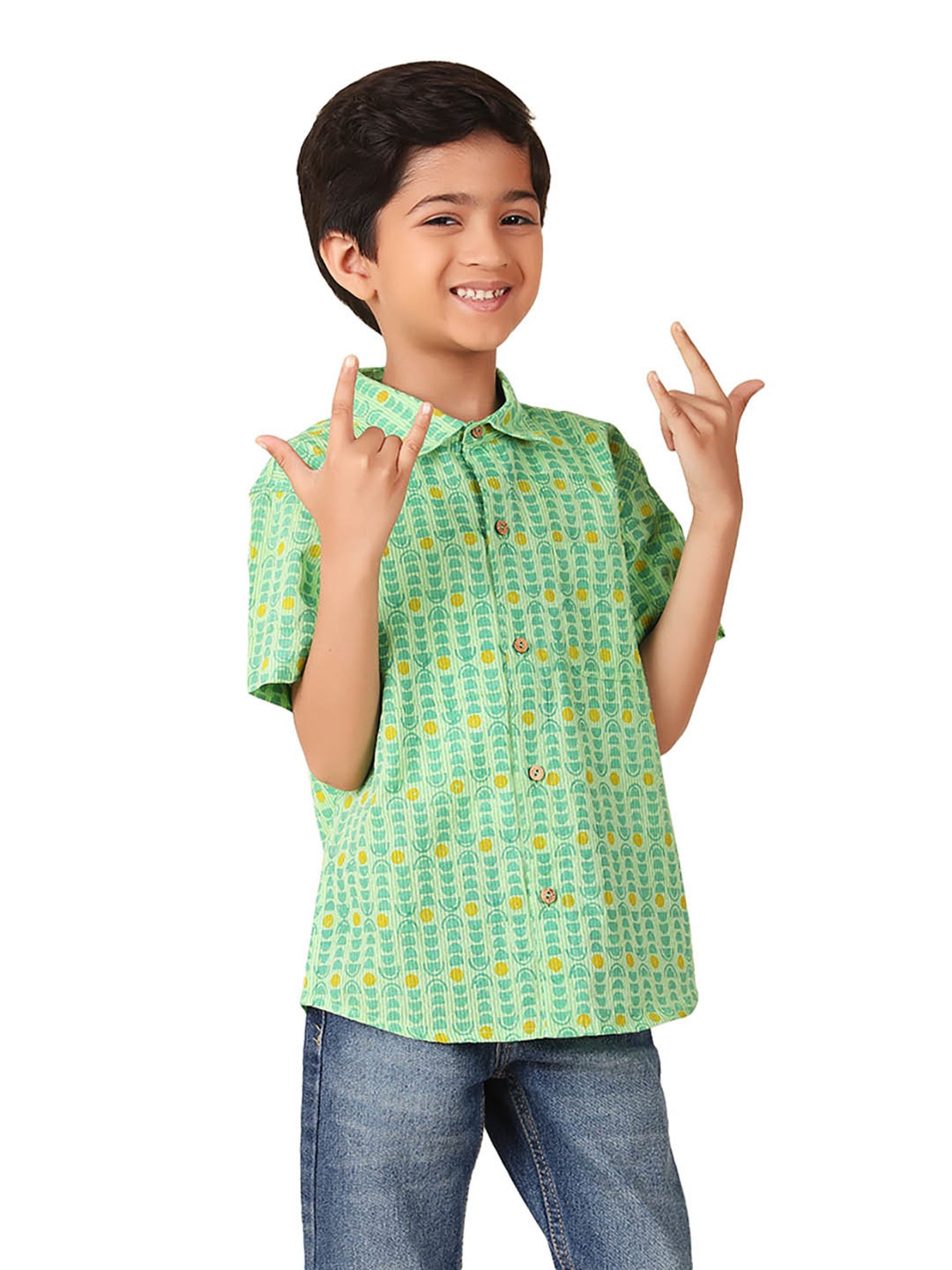 Fabindia Kids Green Printed Shirt
