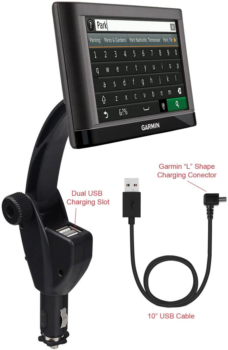 ChargerCity Dual USB Lighter Socket Car Mount w/Cable Charger Adapter for Garmin Nuvi 42 44 52 54 55 56 57 58 65 66 67 68 2457 2497 2539 2557 2558 2559 2577 2589 2597 2598 2599 2639 2689 2699 LM GPS