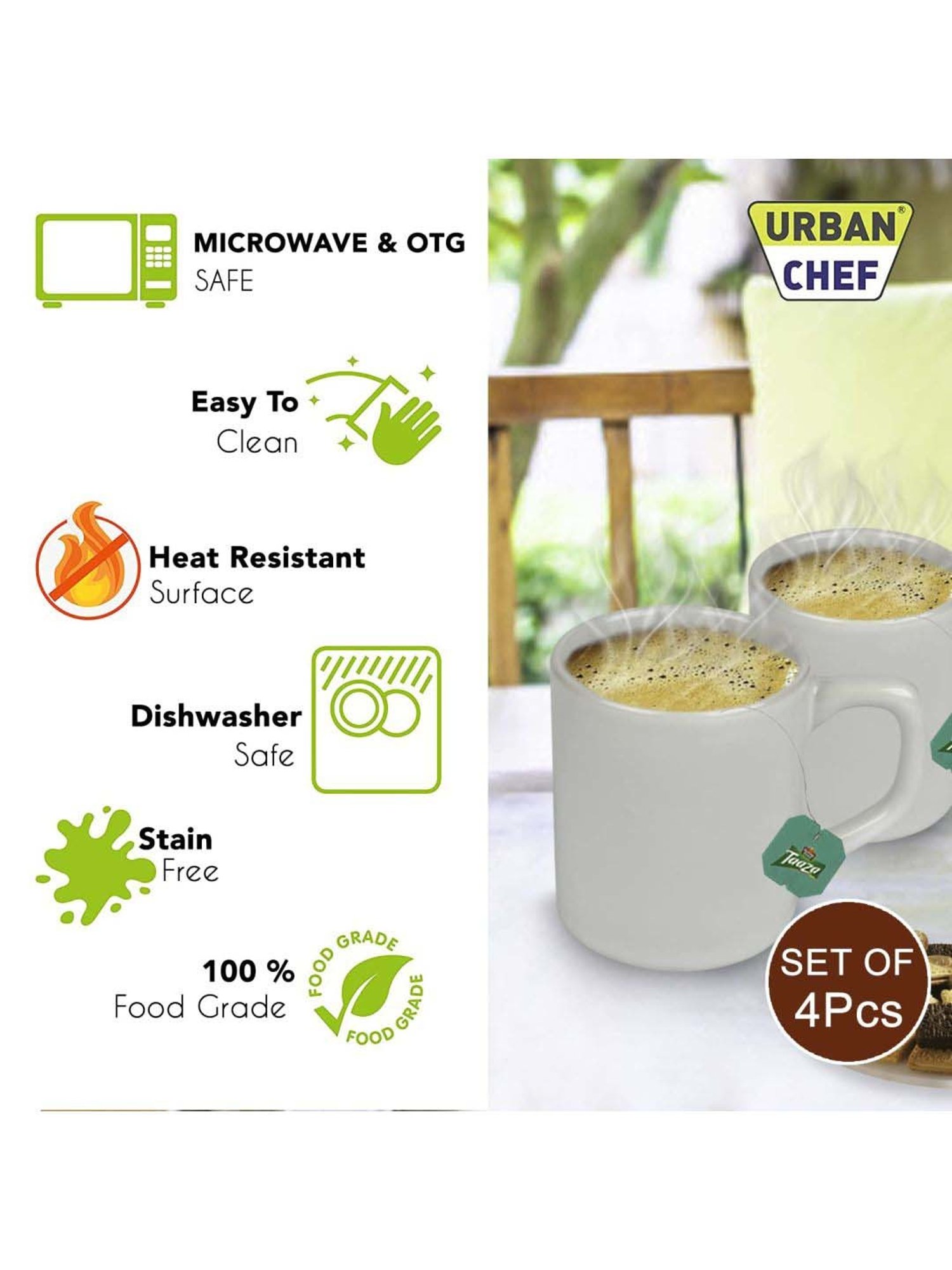 Urban Chef White Ceramic Droite Handcrafted Microwave Safe Cup - Set of 4