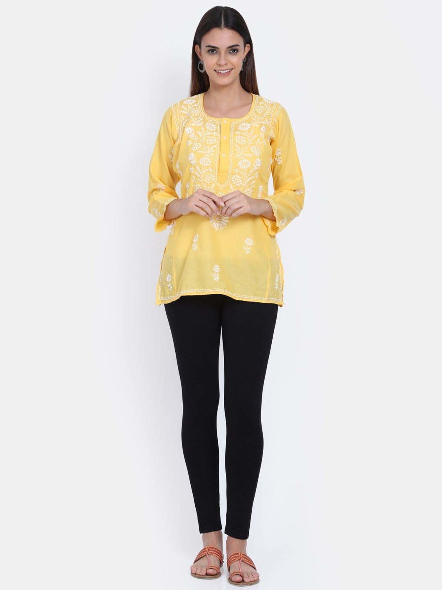 PARAMOUNT CHIKAN Yellow Cotton Chikankari Straight Kurti
