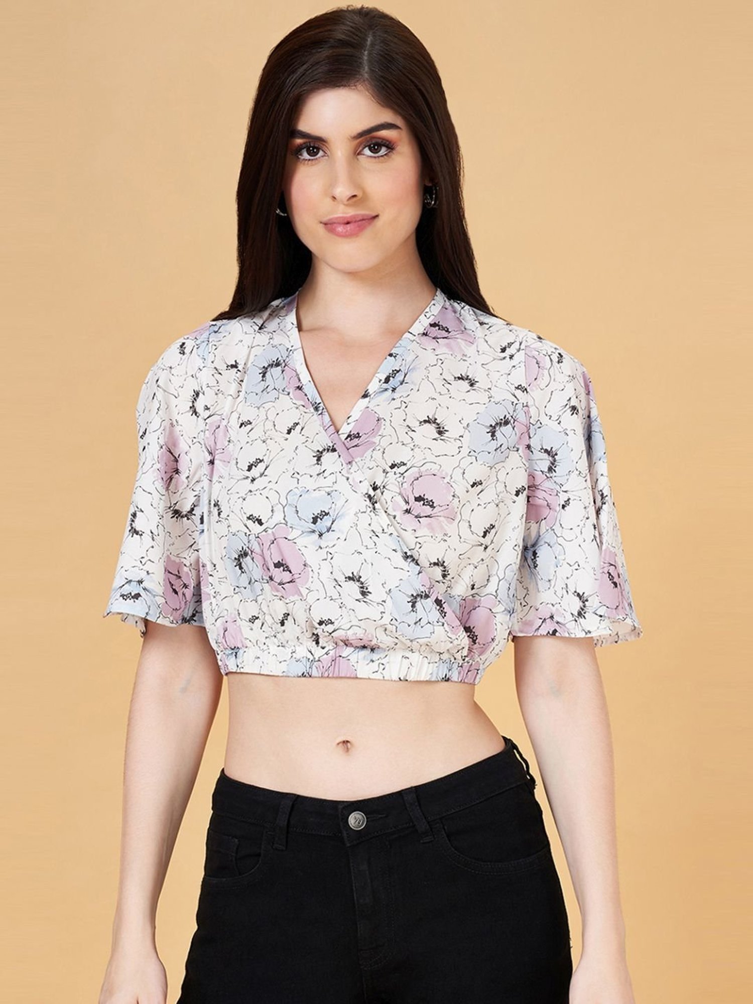 YU by Pantaloons White Cotton Printed Crop Top