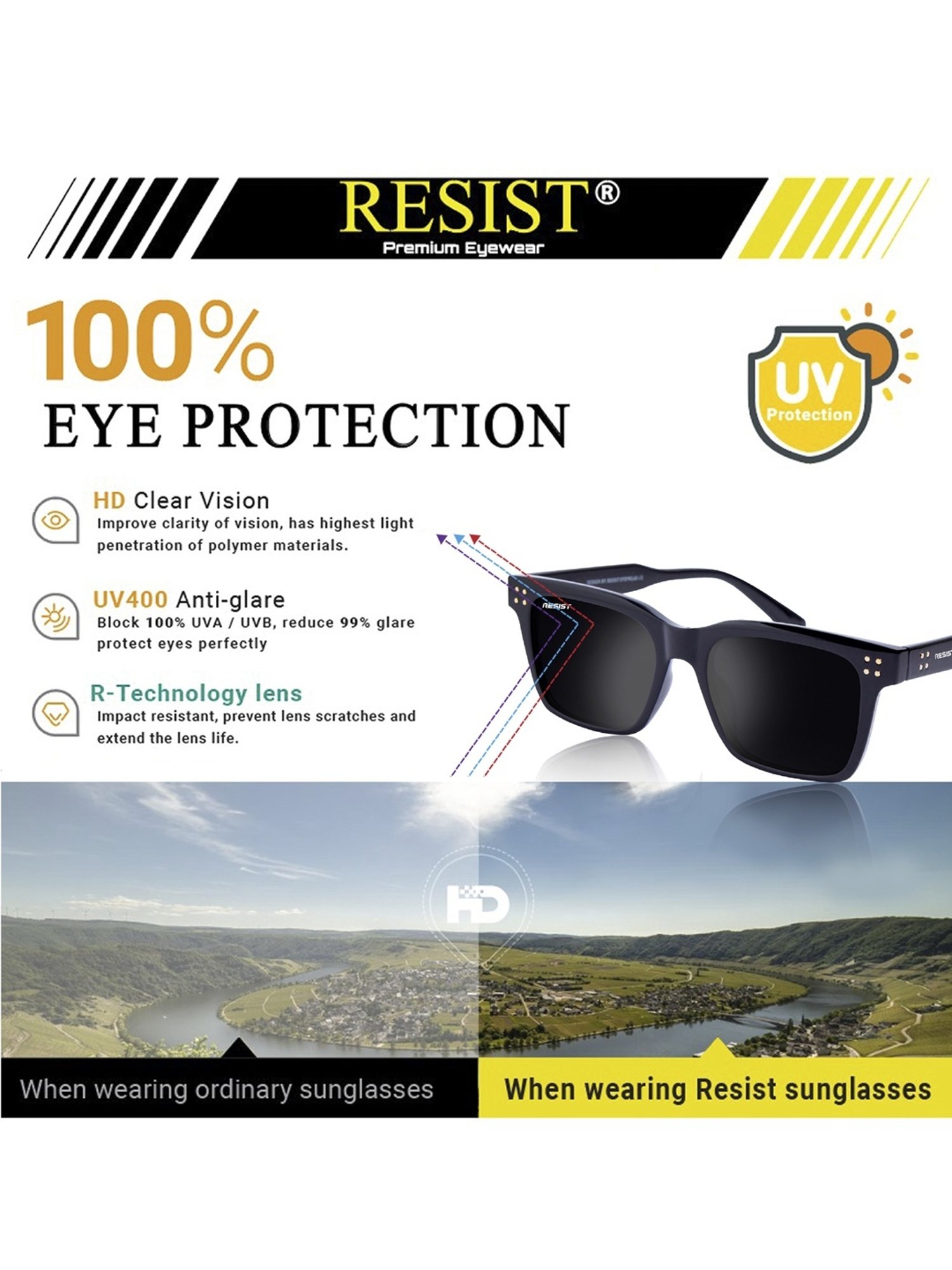 Resist Eyewear Black Square UV Protection Unisex Sunglasses