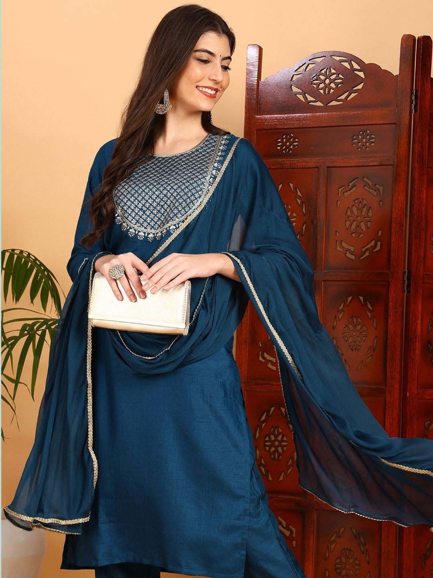 Vaamsi Teal Blue Embroidered Kurta Pant Set With Dupatta