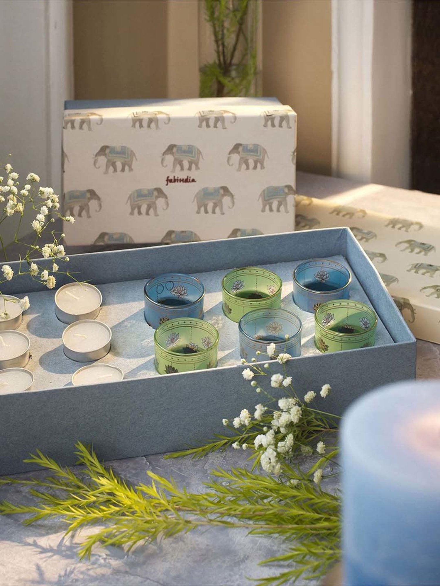 Fabindia Home Nalina Green & Blue Glass T-Lite Holder Gift Set