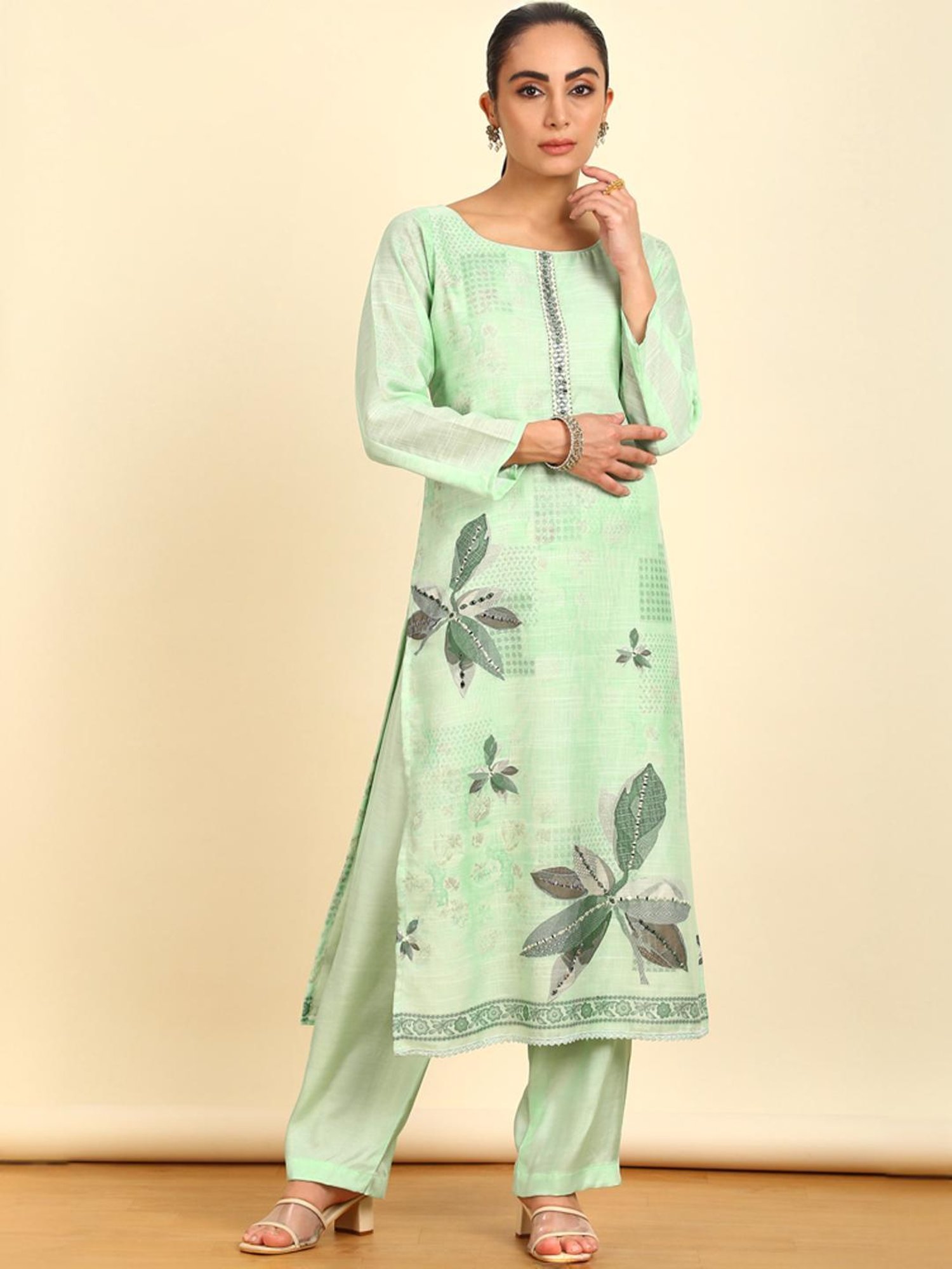 Soch Womens Sap Green Floral Print Linen Unstitched Dress Material With Mirrors