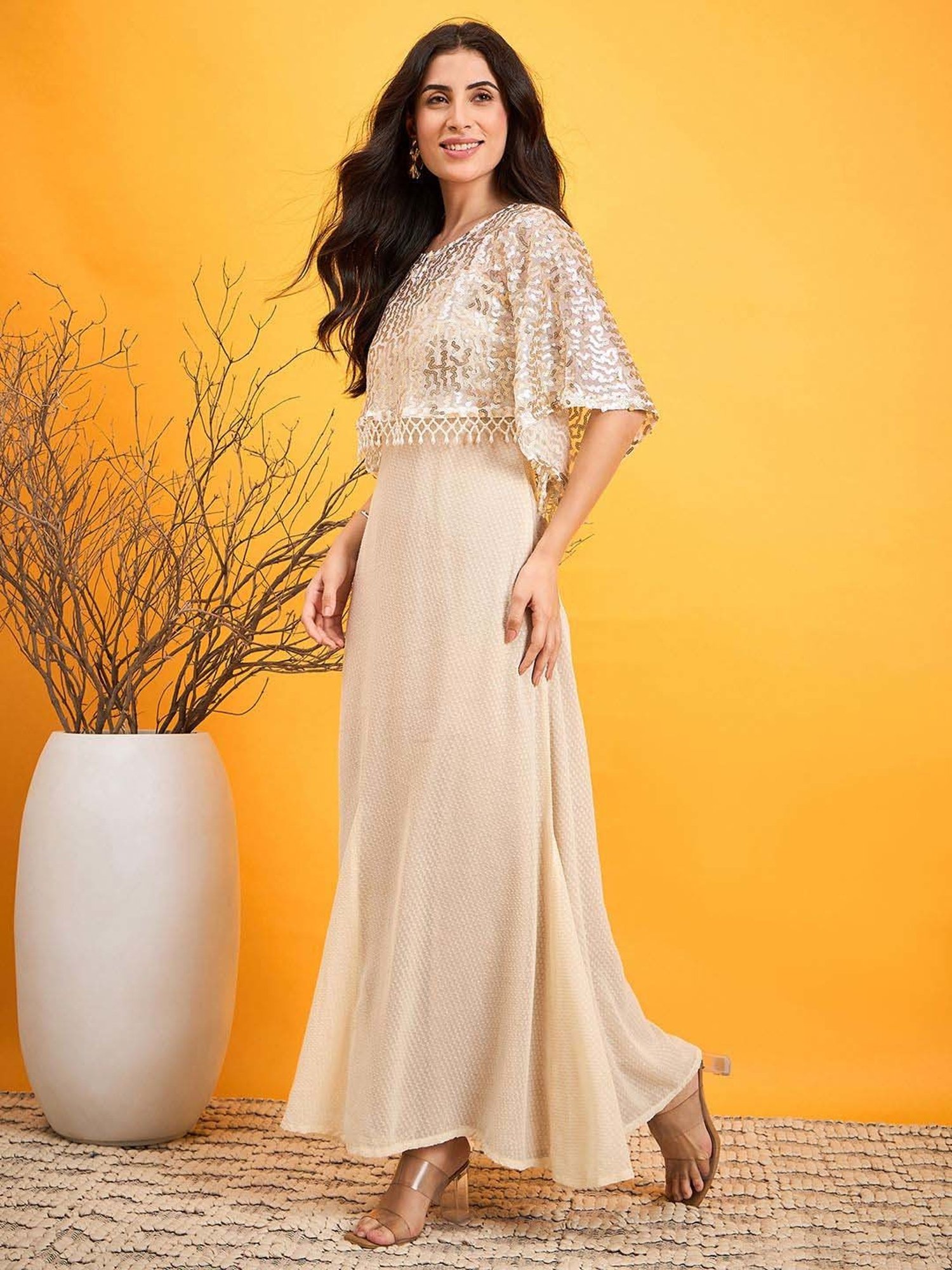 The Kaftan Company Beige Self Pattern Maxi Dress