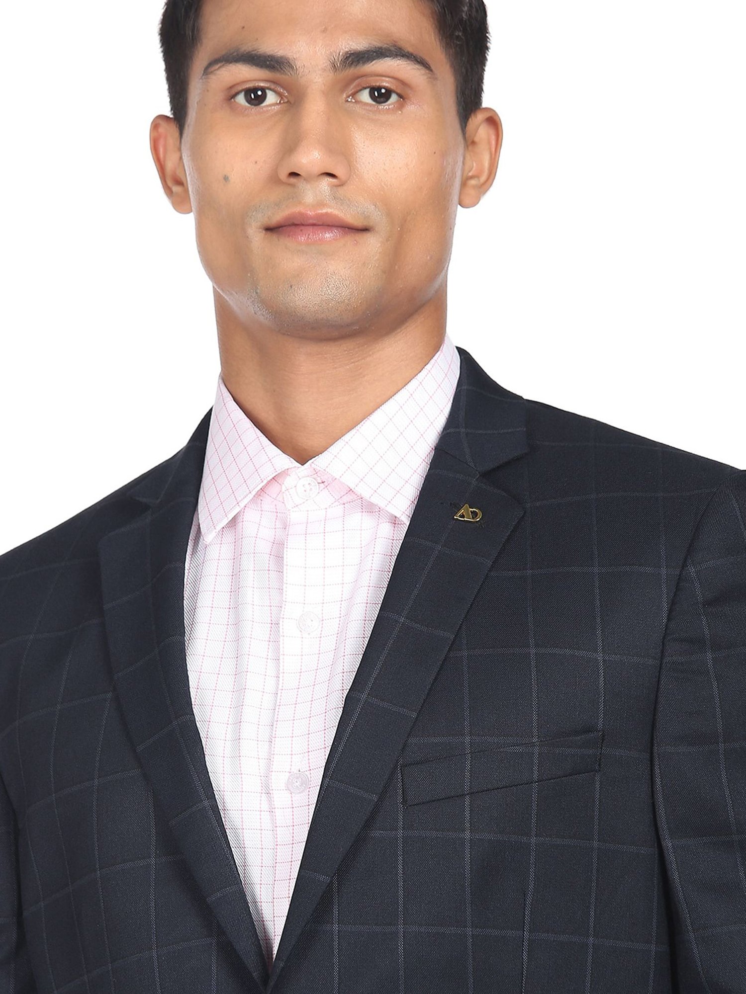 AD by Arvind Navy Regular Fit Notch Lapel Check Blazer
