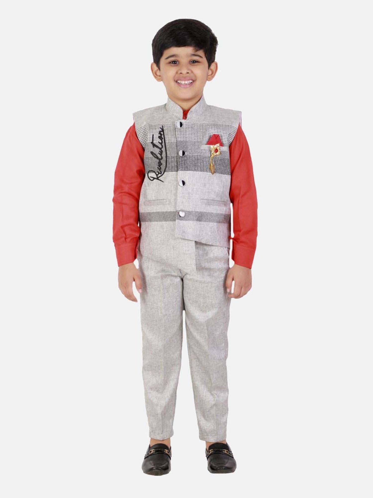 Fourfolds Boys Red Solid Full Sleeves Clothing Set