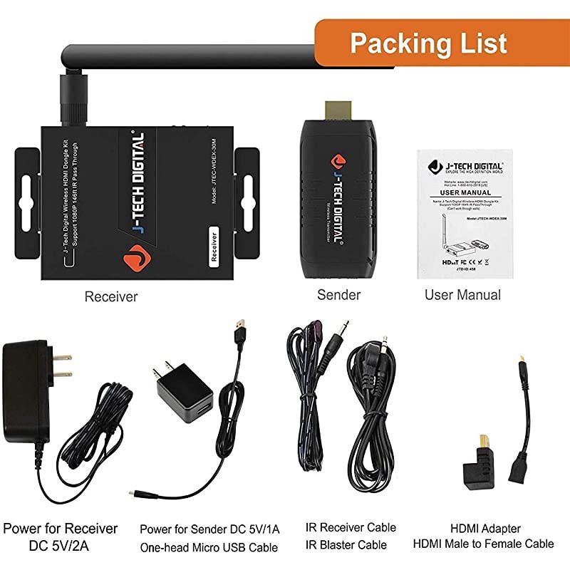 1080p60Hz Wireless HDMI Extender Adapter Dongle Up to 100 Distance IR Support JTECHWDEX30M