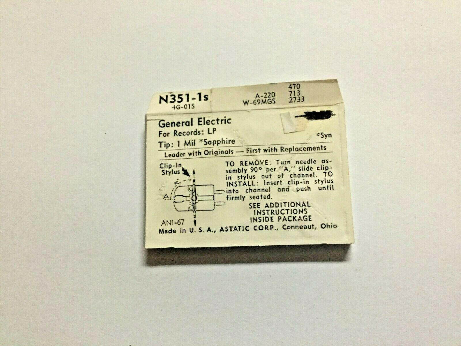 GE 4G-01S PHONO NEEDLE IN ASTATIC N351-1S PKG. 1 mil sapphire-NOS/NIP