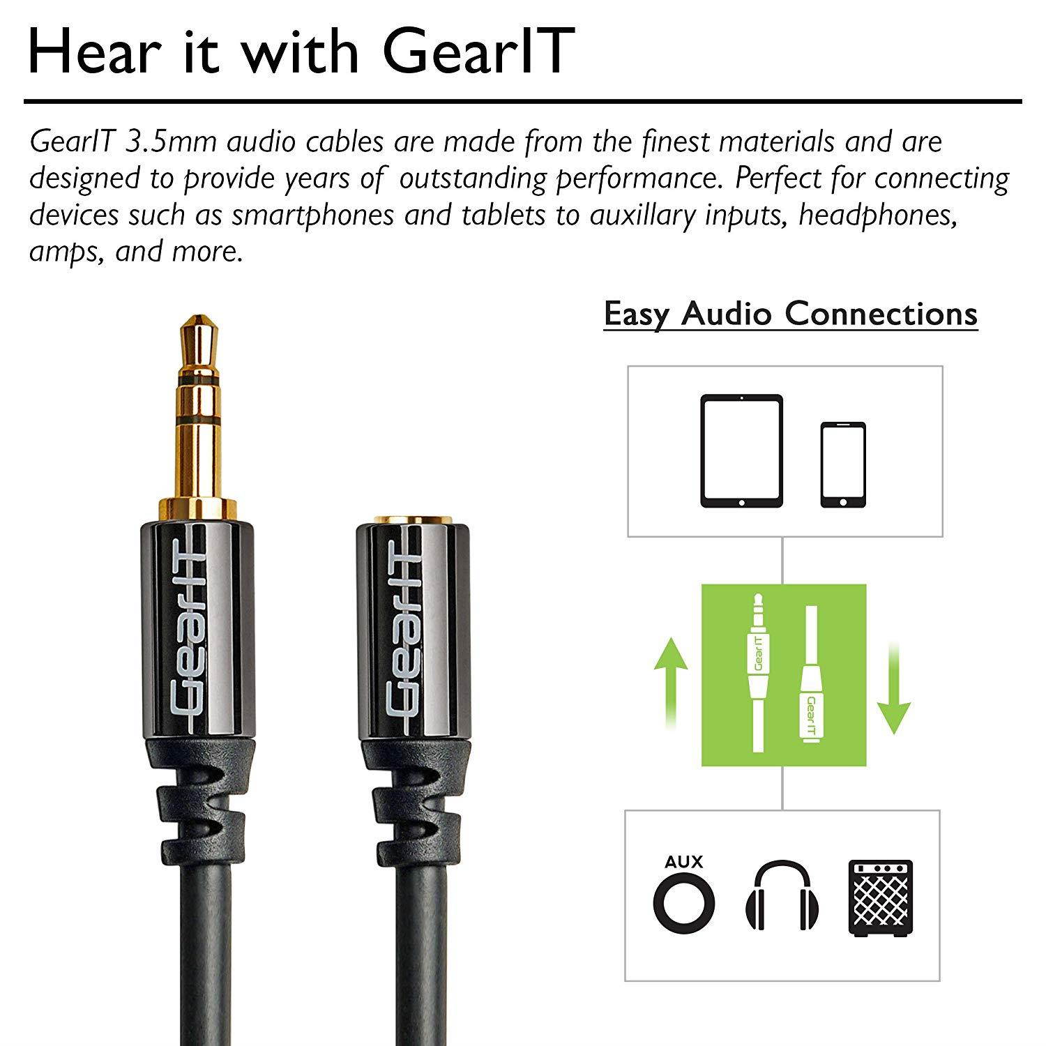 50ft 3.5mm Extension Cable, GearIT Pro Series Preminun Gold Plated 50 Feet 3.5mm Auxiliary Audio Stereo Extension Male to Female Cable, Black