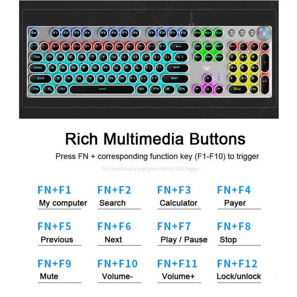 AULA Steampunk Gaming Mechanical Keyboard Metal Panel Round Retro Keycap Backlit Wired Computer Peripherals for Desktop Laptop