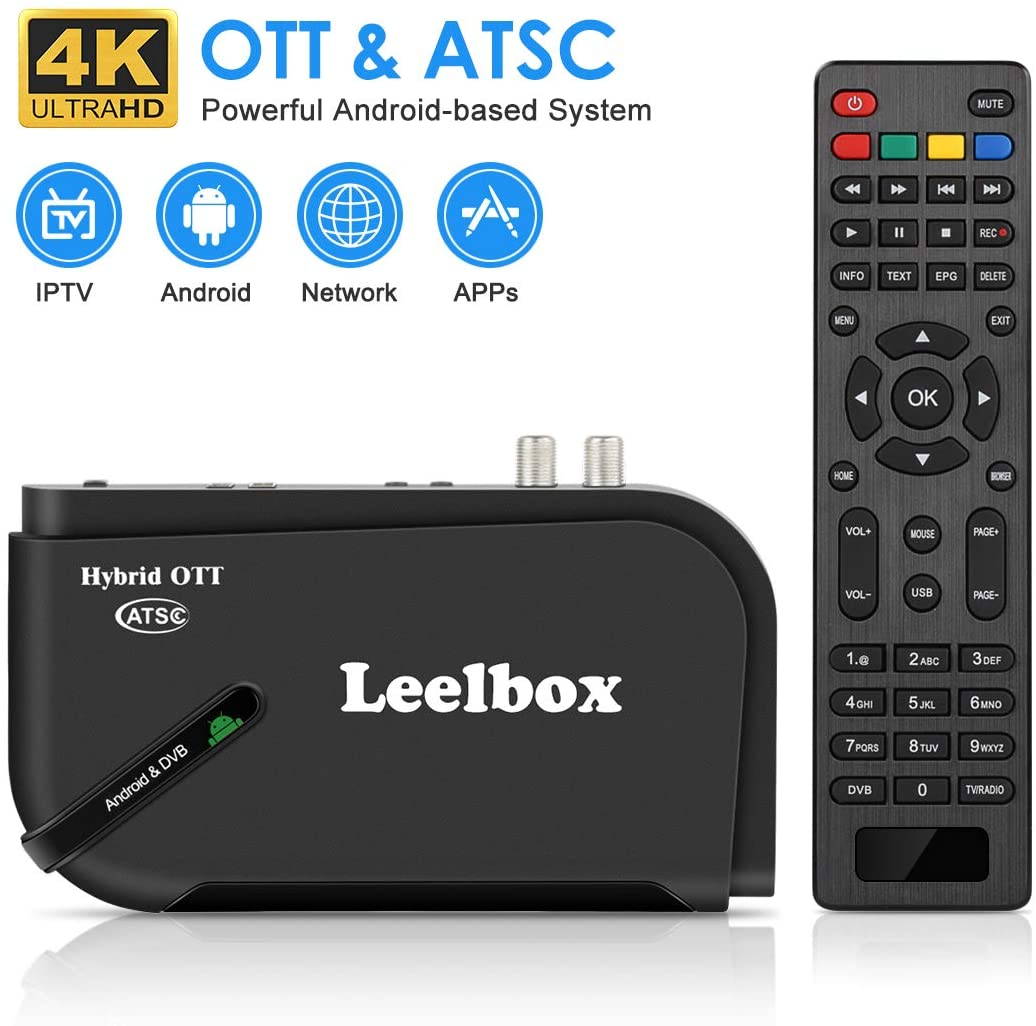 Leelbox Android TV box, 1080P ATSC converter box, recording PVR, USB multimedia playback, web browsing, support for 2.4G WiFi/3D/H.265 video decoding (gold version), black, LBX OTT-ATSC Q5 US