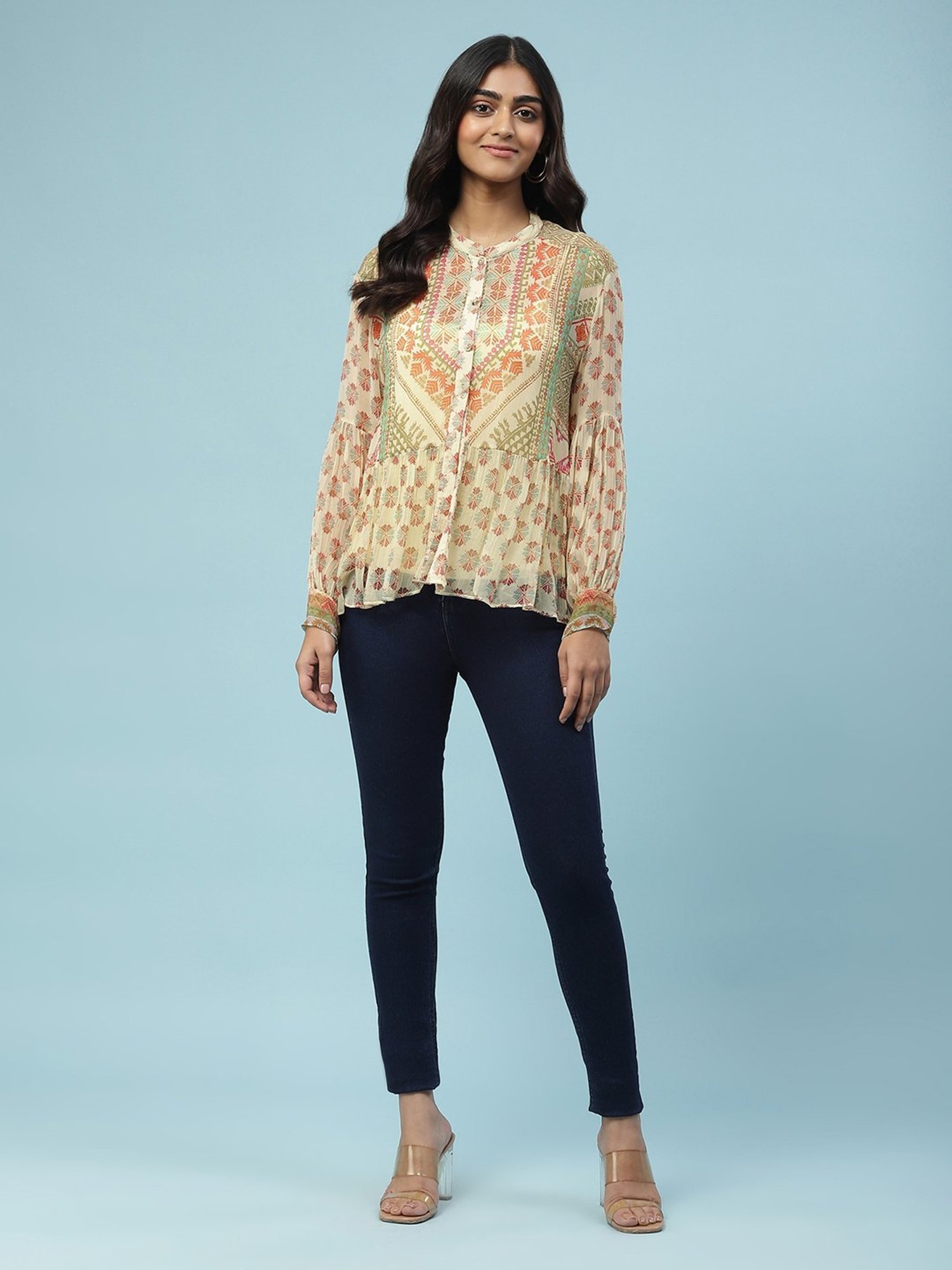 aarke Ritu Kumar Beige Geometric Print Top With Camisole