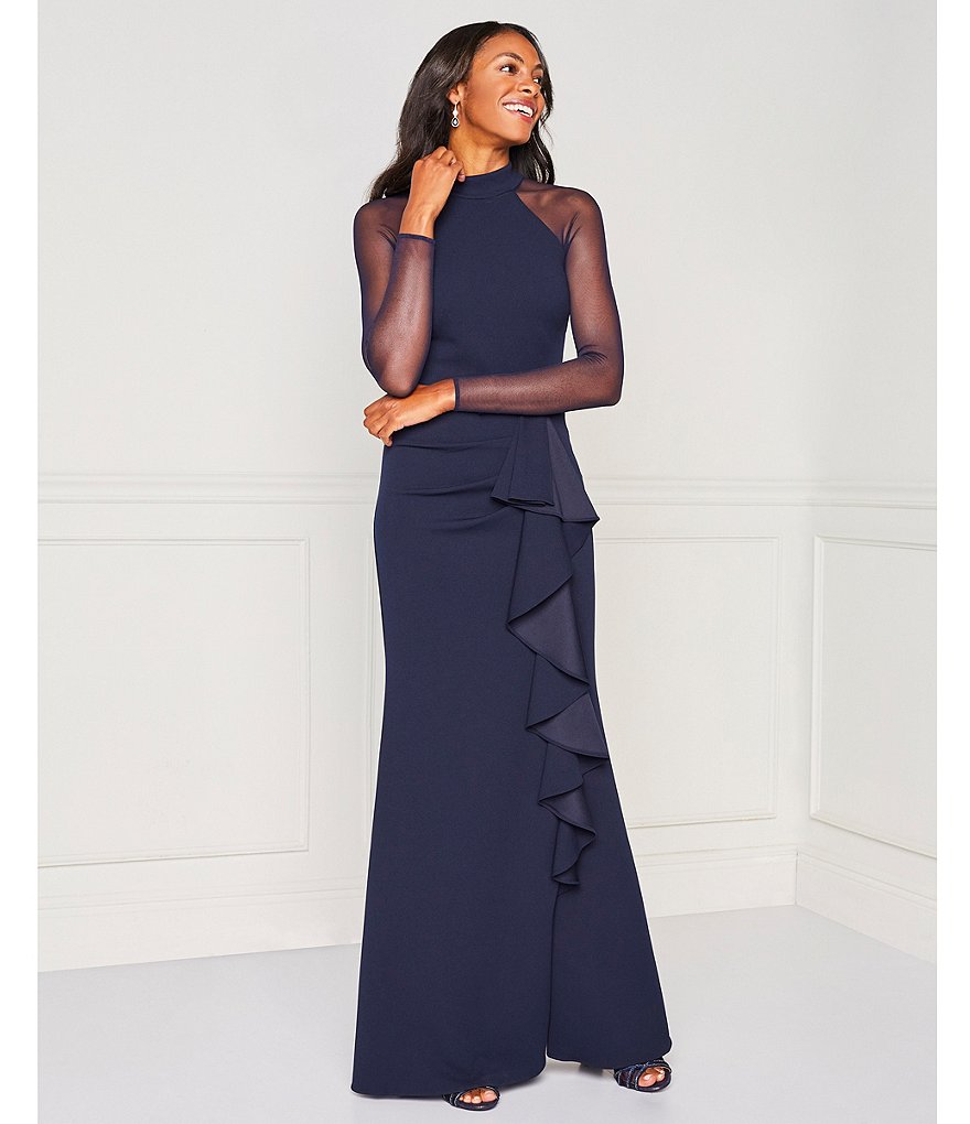 Betsy & Adam Mock Neck Long Illusion Sleeve Ruffle Slit Leg Stretch Gown