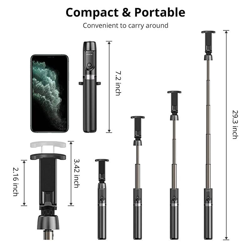 Selfie Stick Tripod, 360&deg; Rotation Extendable Aluminum Bluetooth Selfie Stick with Wireless Remote for iPhone 12/12 Pro/11 /XS Max/XR/XS/X/8/7 Plus, Samsung, Google Pixel, Huawei Smartphones
