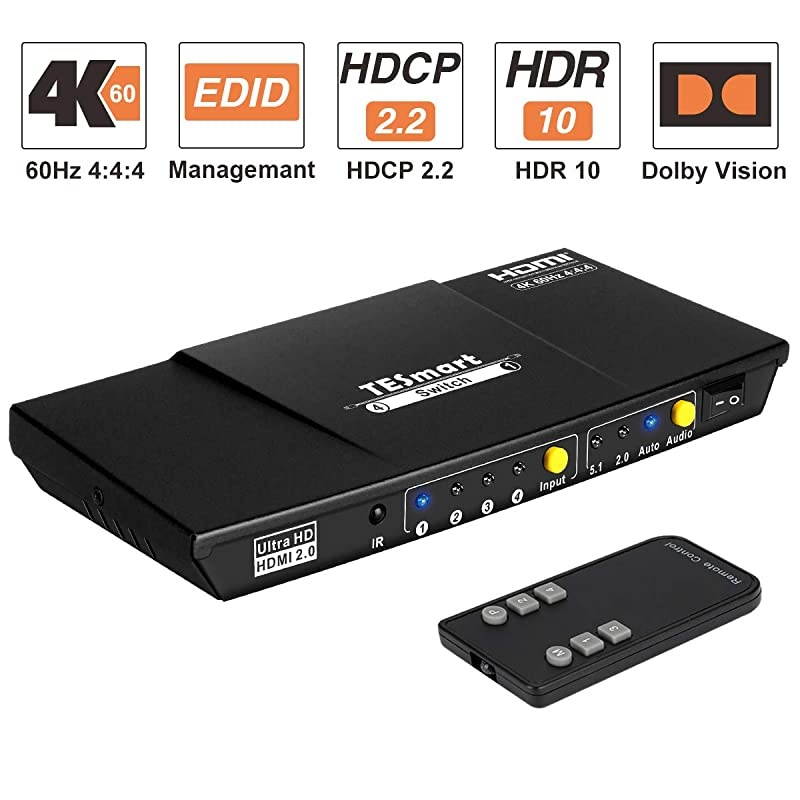 4x1 HDMI Switch Supports 4K60Hz 444 4 Port Ultra HD HDMI Switch with Optical LR Audio Output and Wireless IR Remote ControlBlack
