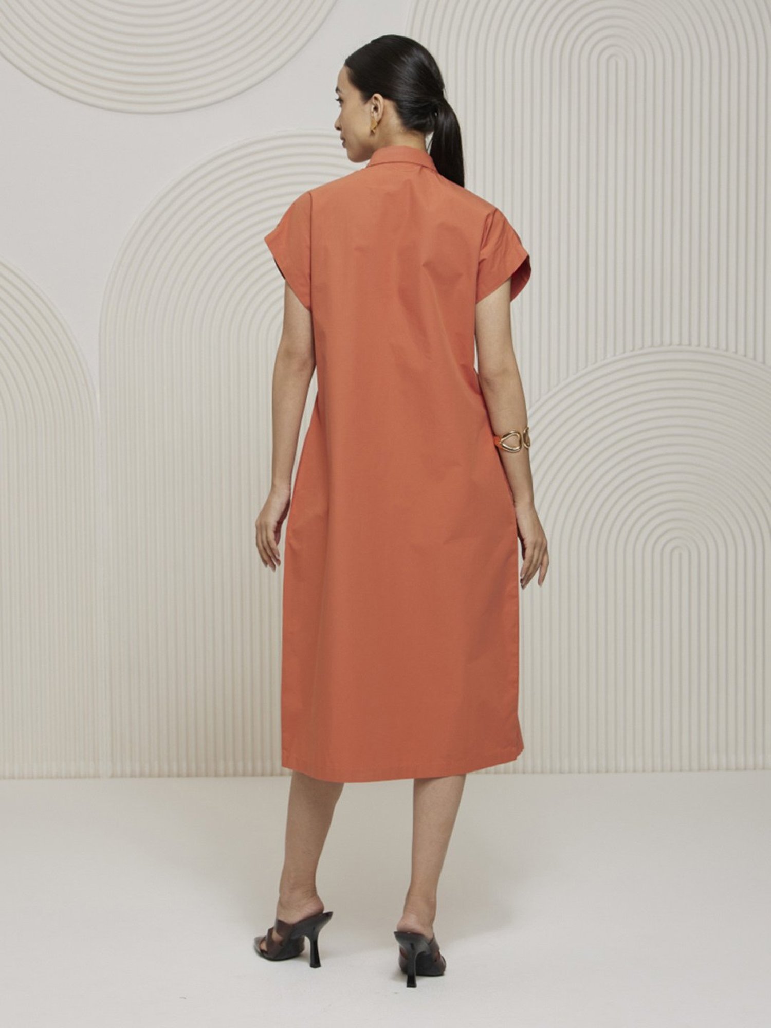 Artagai Orange Elevated Basics Pleated Shirt Dress with Concealed Placket