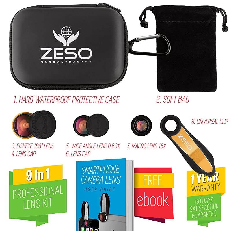 Cell Phone Camera Lens 3 in 1 Kit by  Professional Fisheye Macro Wide Angle Lenses | for iPhone Samsung Galaxy Android iPads Tablets | Universal Clip Hard Case Gold