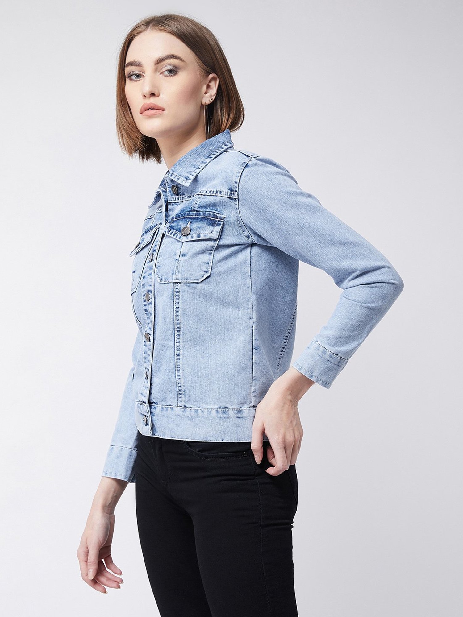Miss Chase Light Blue Cotton Relaxed Fit Denim Jacket