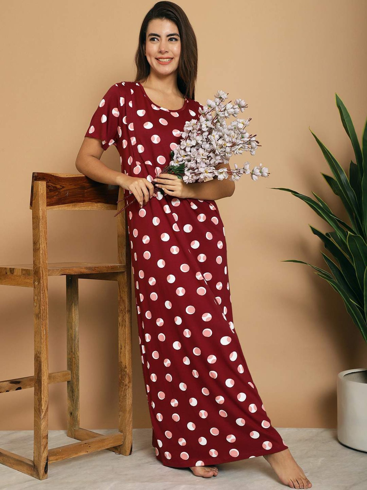 Kanvin Red Cotton Printed Nighty