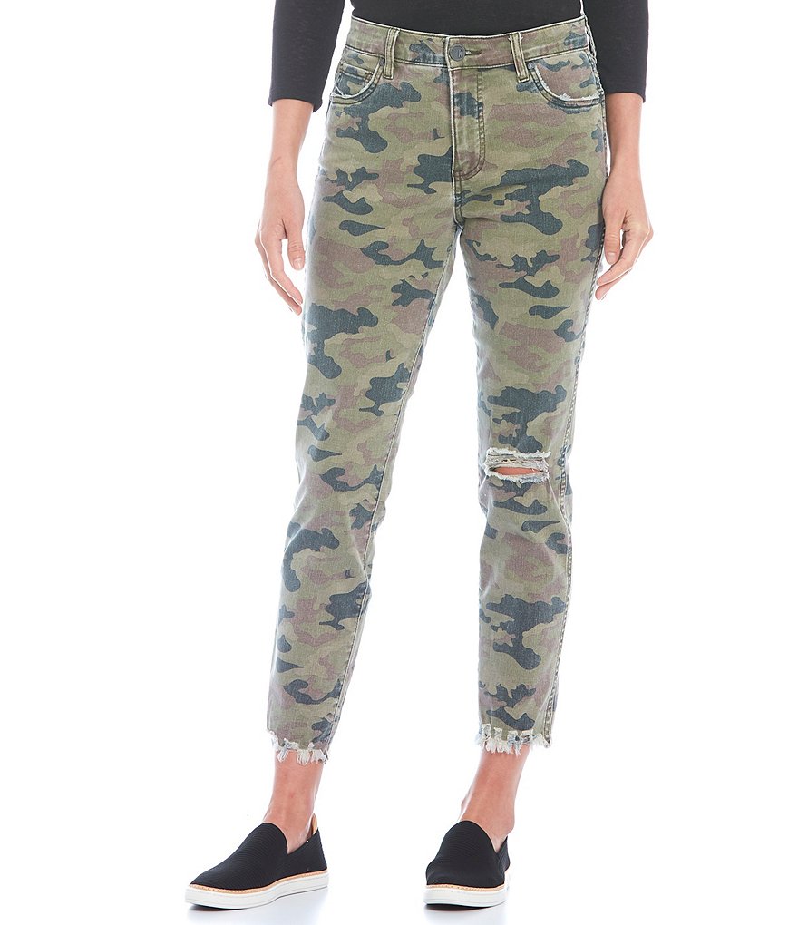 KUT from the Kloth Reese Camo Fab Ab Fit Technique High Rise Straight Leg Raw Hem Destruction Detail Ankle Jeans