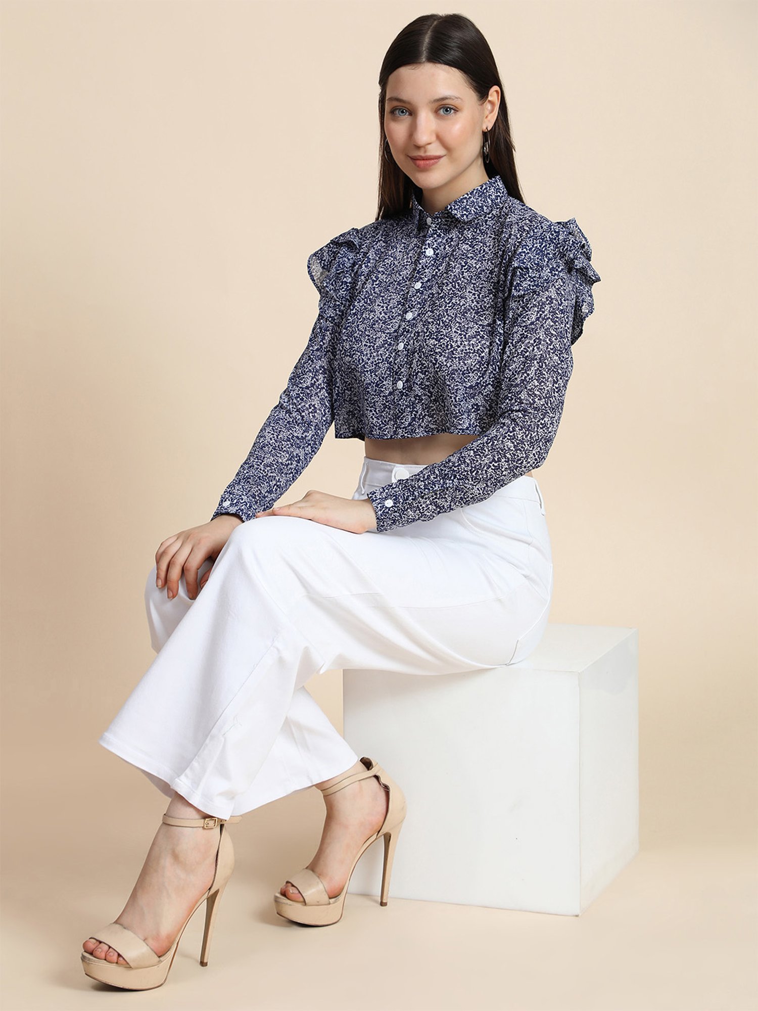 KERI PERRY White & Navy Printed Crop Top