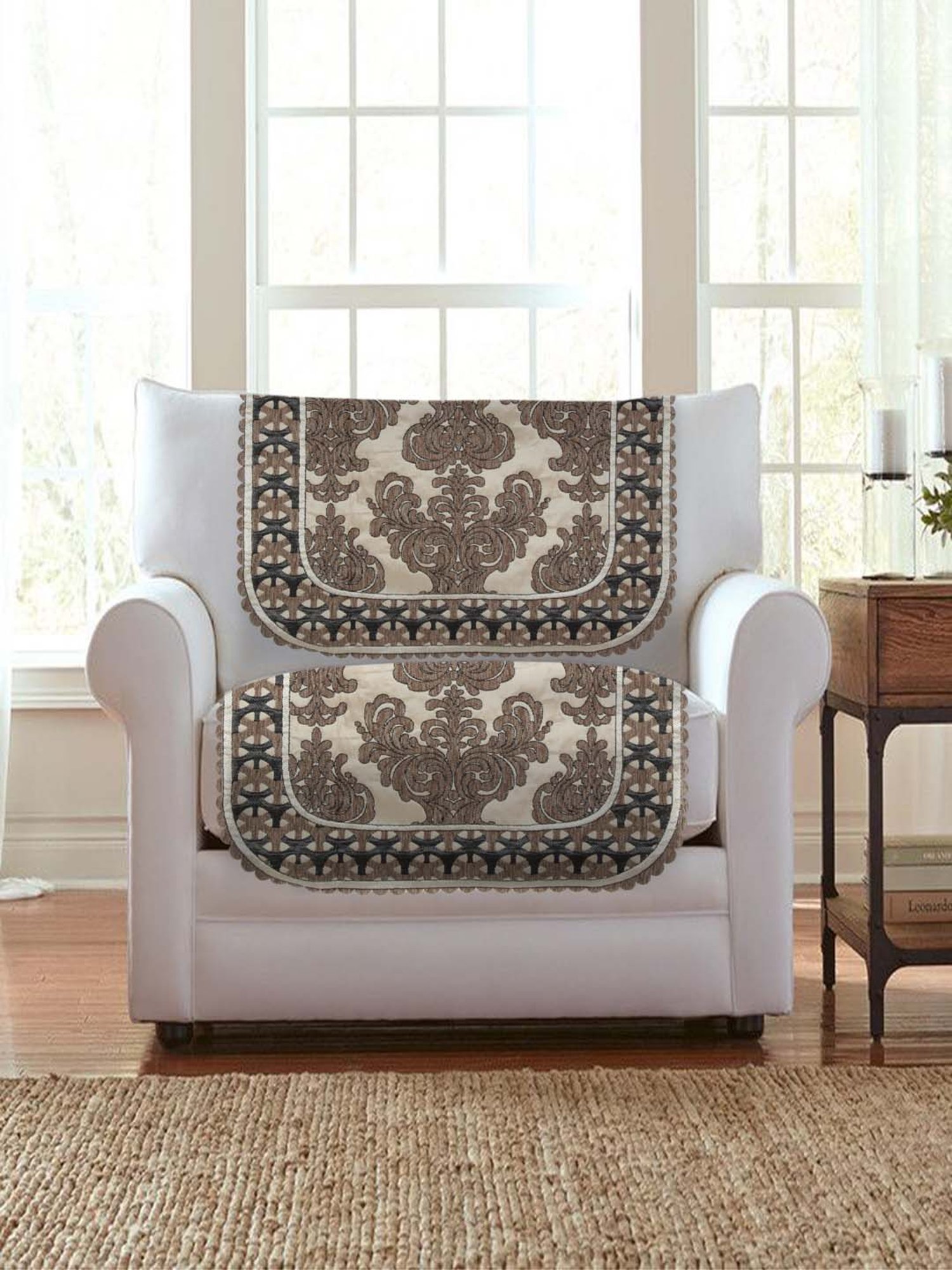 HOSTA HOMES Beige & Brown Velvet Sofa Cover With Arm Rest - Set of 16