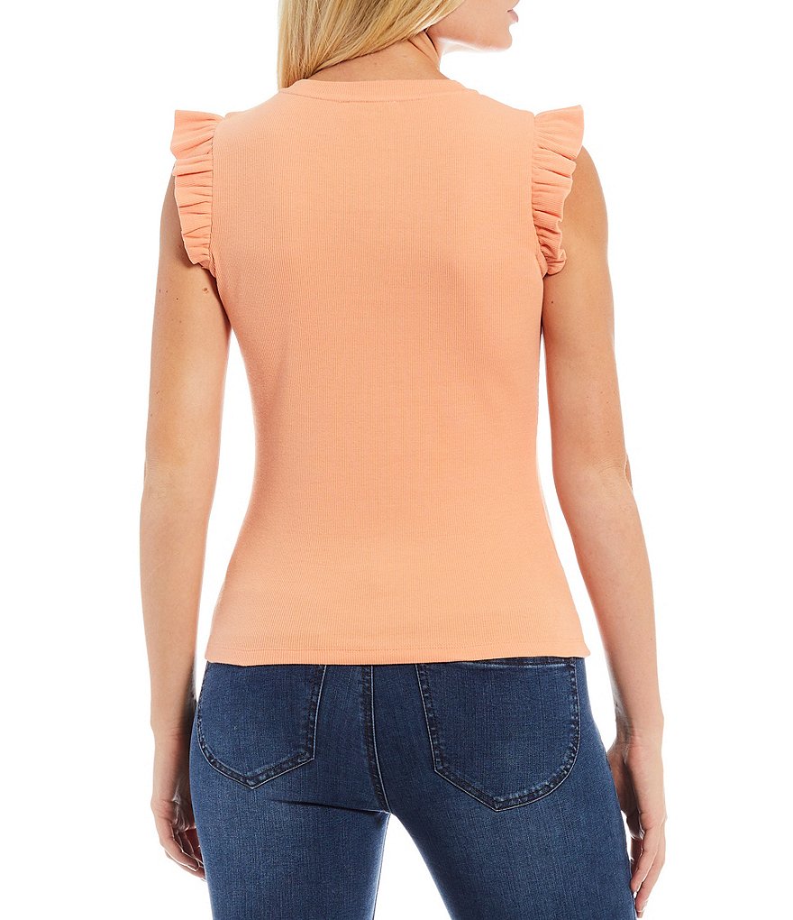 Gibson & Latimer Ruffle Sleeve Round Neck Rib Knit Top