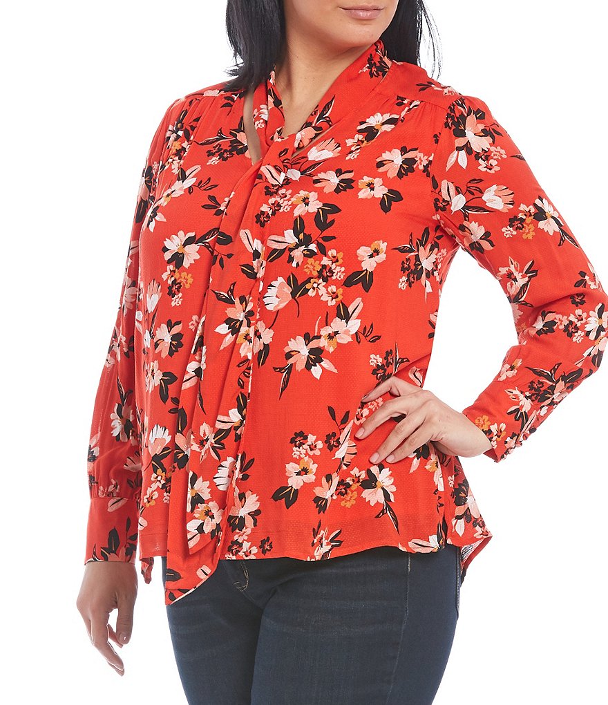 Jessica Simpson Plus Size Dazed Floral Print Tie V-Neck Long Bubble Sleeve Blouse