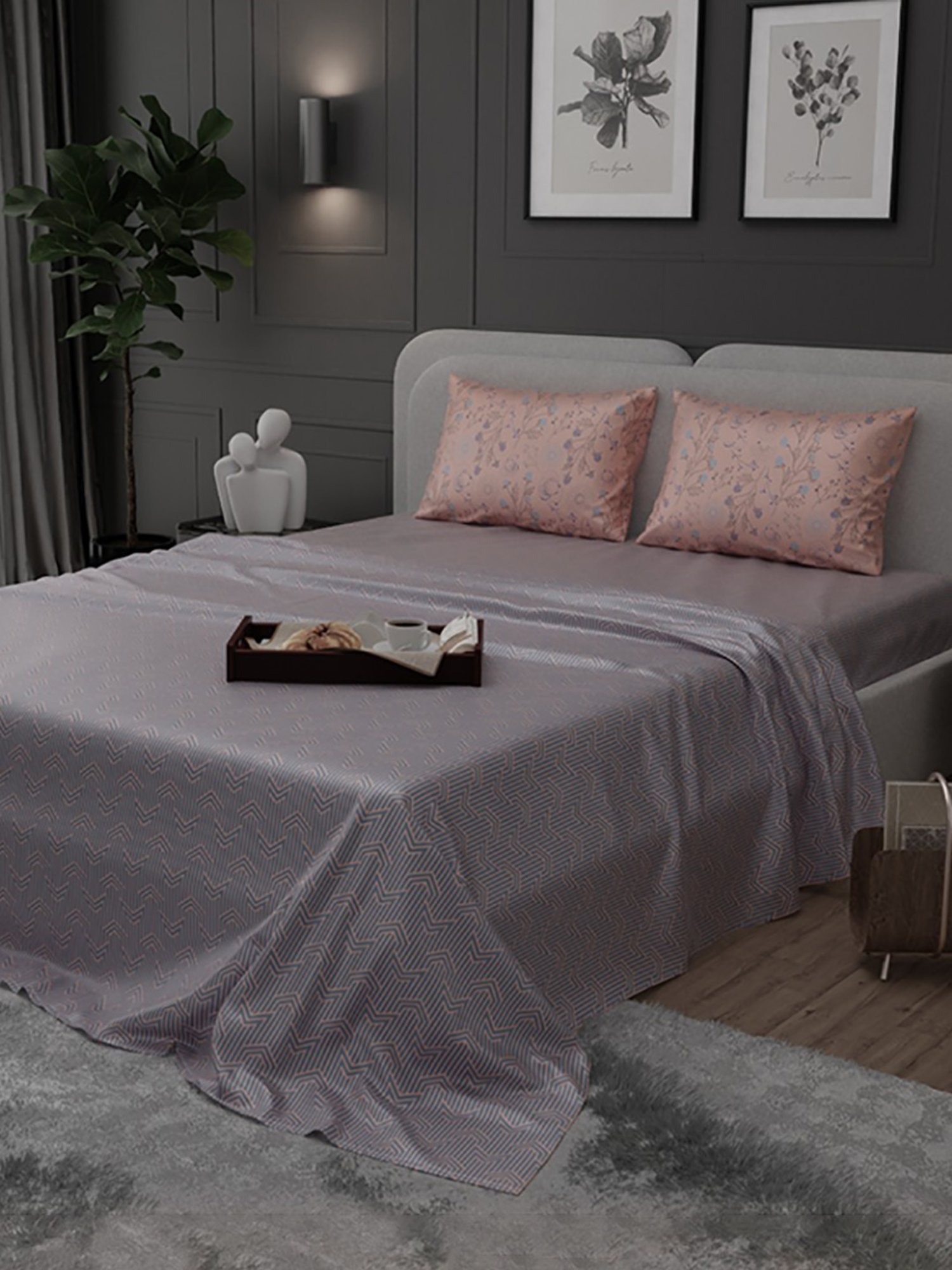 Stoa Paris Elegance Grey Polyester 300 TC Sateen King Size Bed Sheet With 2 Pillow Covers