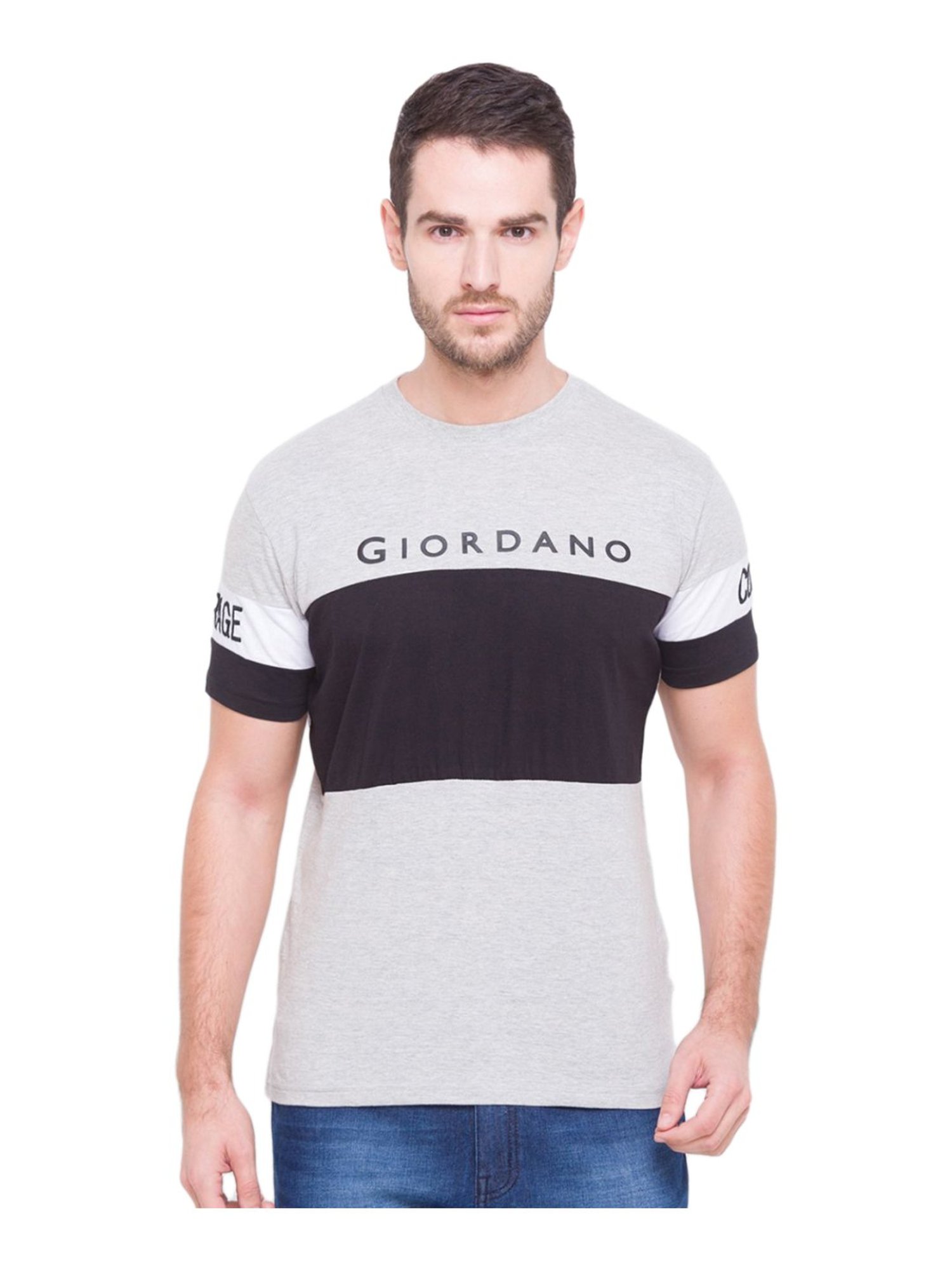 Giordano Grey & Black Cotton Slim Fit Colour Block T-Shirt