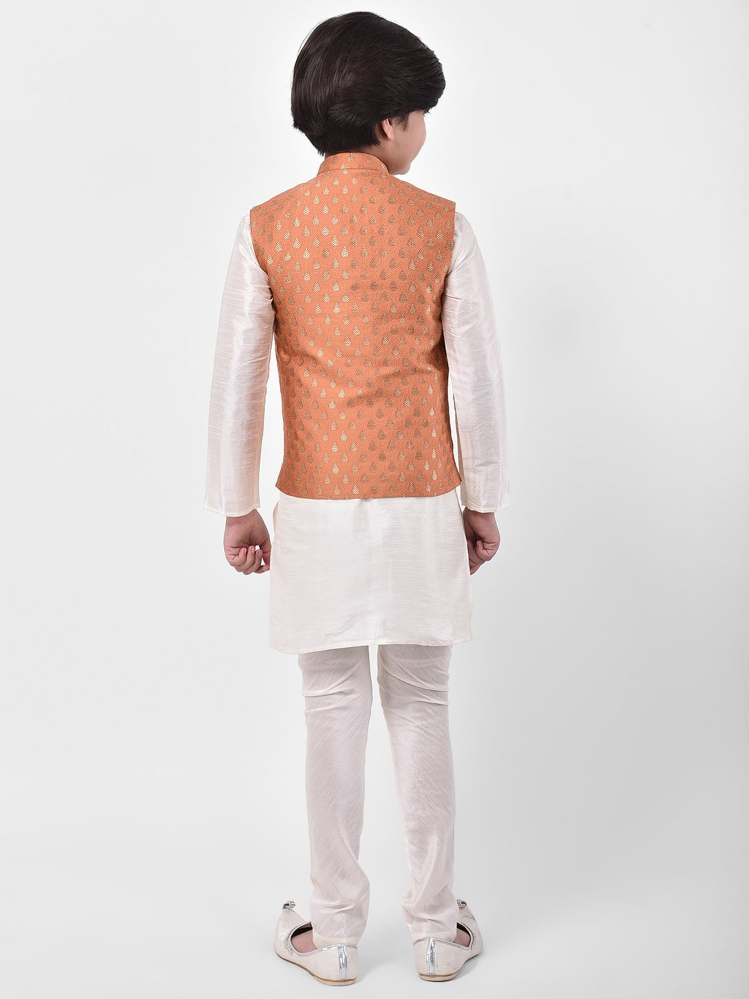 Deyann Kids Off White & Peach Self Design Full Sleeves Kurta, Churidar Pants with Nehru Jacket