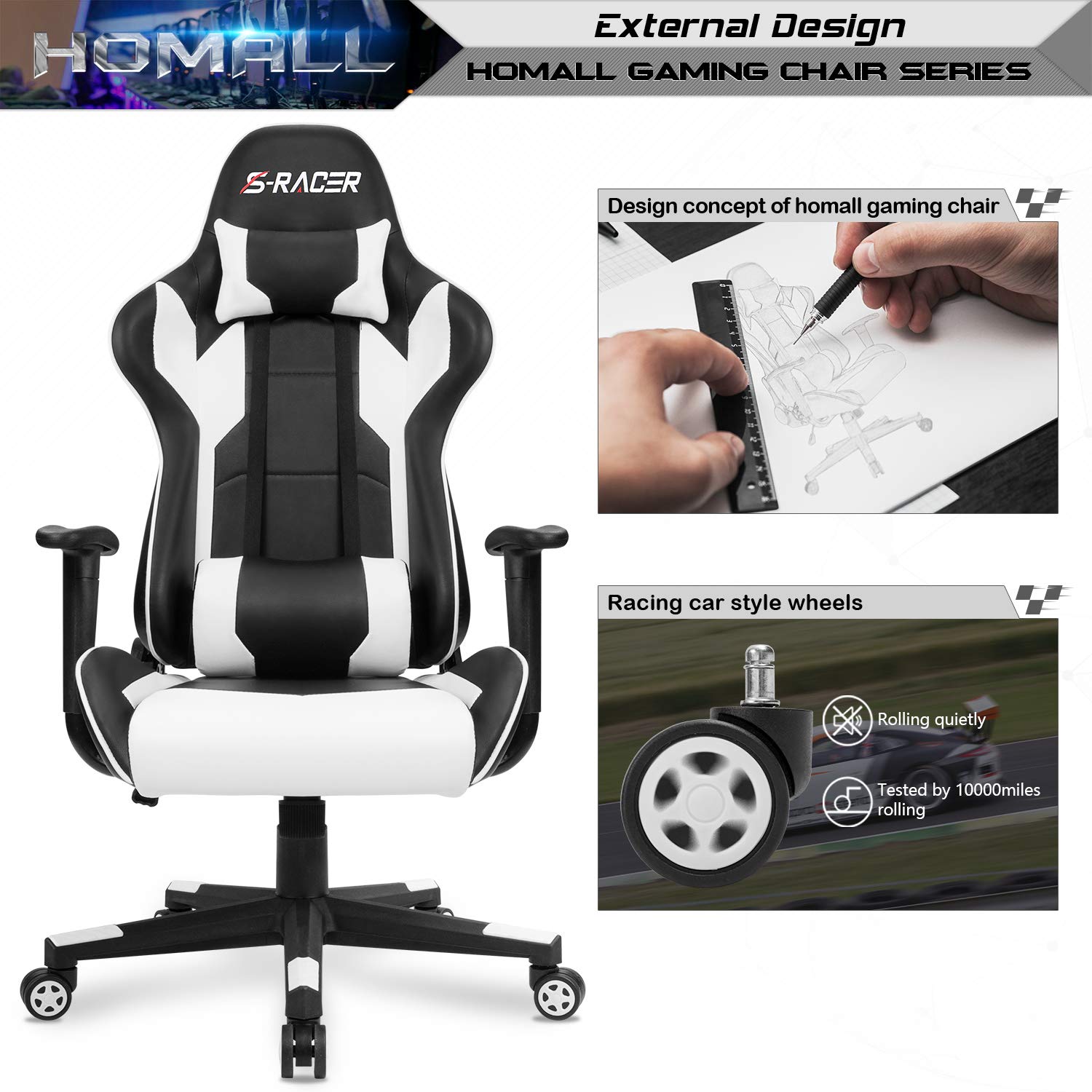 Homall Gaming Chair Office Chair High Back Computer Chair PU Leather Desk Chair Racing Executive Ergonomic Swivel Task Chair, Seat Height Adjustable, with Headrest and Lumbar Support (Blue)