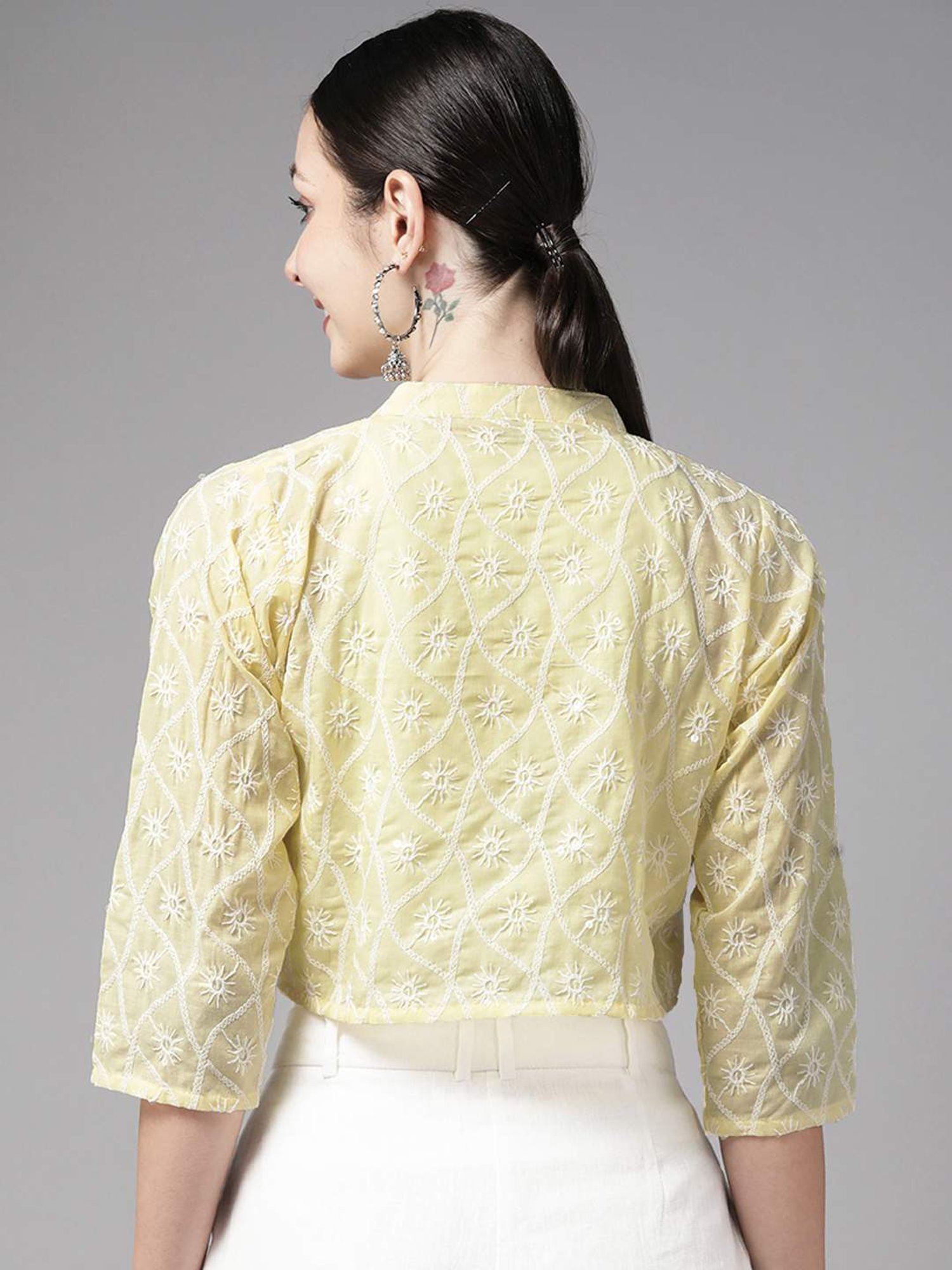 Aarika Lemon Yellow Cotton Embroidered Shrug