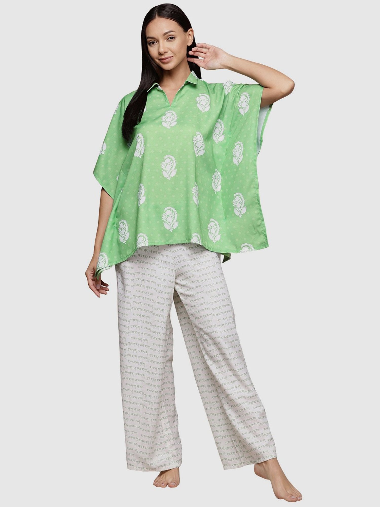 Ziyaa Green & White Printed Kaftan Pyjama Set