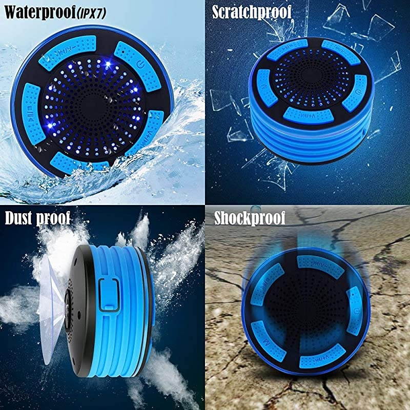 Shower Speaker Waterpoof IPX7, Portable Wireless Bluetooth Speakers with Radio, Suction Cup & LED Mood Lights, Super Bass HD Sound Perfect Pool, Beach, Bathroom, Boat, Outdoors (01.Blue)