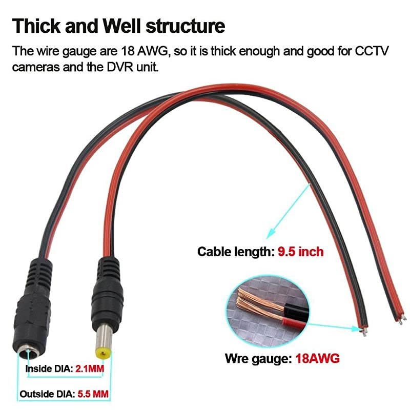 Real 18AWG 43x2pcs Strands 10 Pairs DC Power Pigtail Cable 12V 5A Male amp Female + 10 Pairs DC Power Jack Plug Adapter Connector for CCTV Home Security Surveillance by  21mm x 55mm