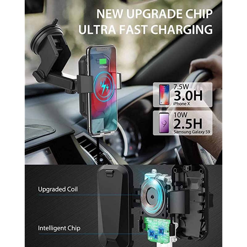 Wireless Car Charger  10W Qi Fast Charging Auto Clamping Car Mount Windshield Dashboard Air Vent Phone Holder for iPhone 11 11 Pro Max Xs MAX XS XR X 8+ Samsung Galaxy S10+ S9+ S8 Note 9 etc