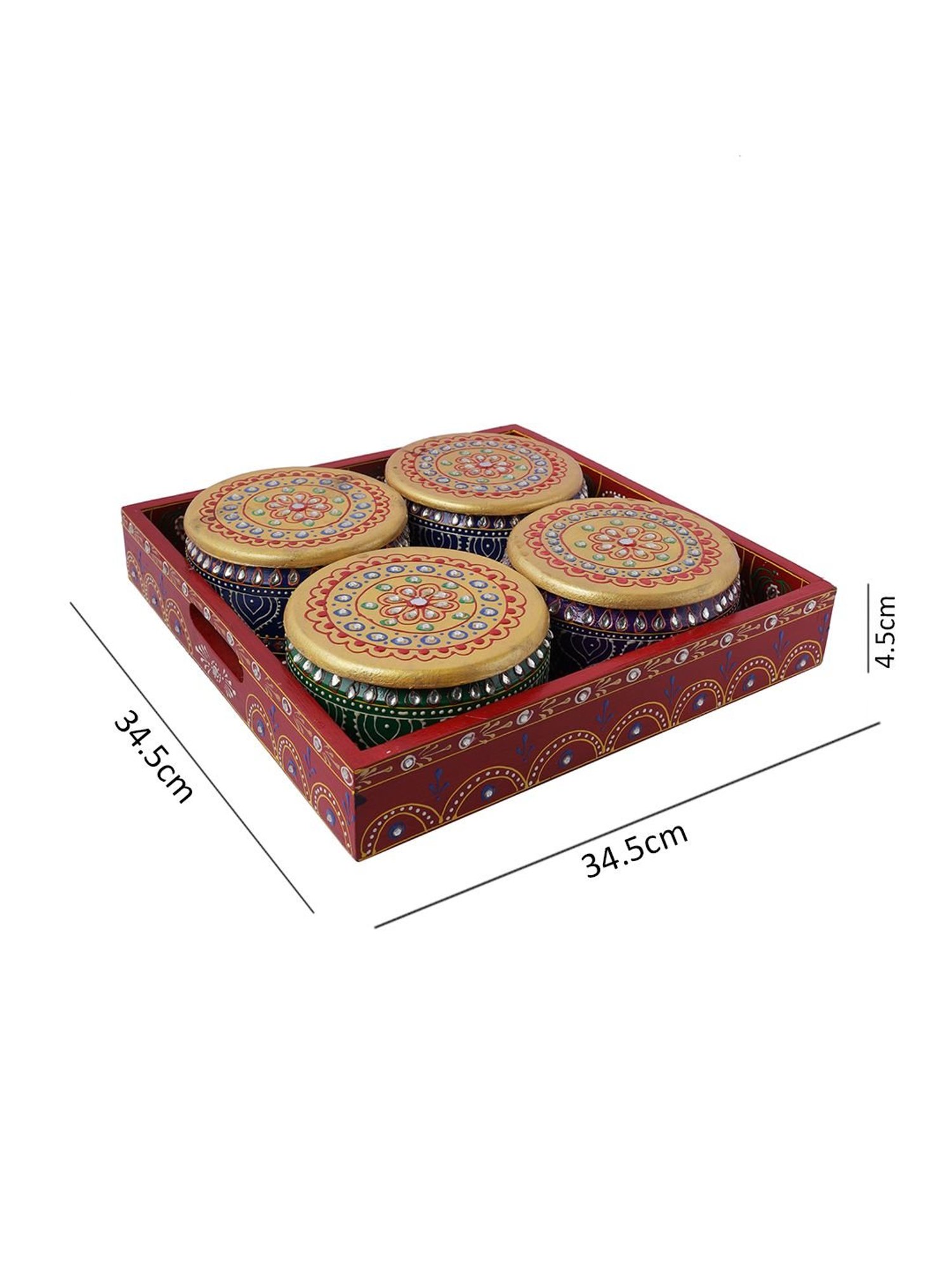 Aapno Rajasthan Red Wooden Tray with 4 Jars
