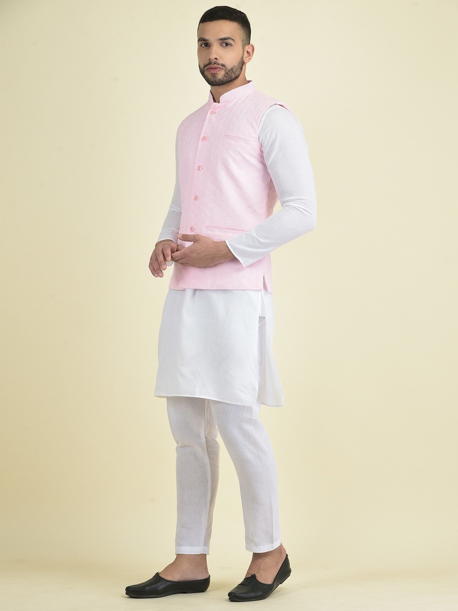 Deyann Pink & White Cotton Regular Fit Embroidered Kurta Set With Jacket