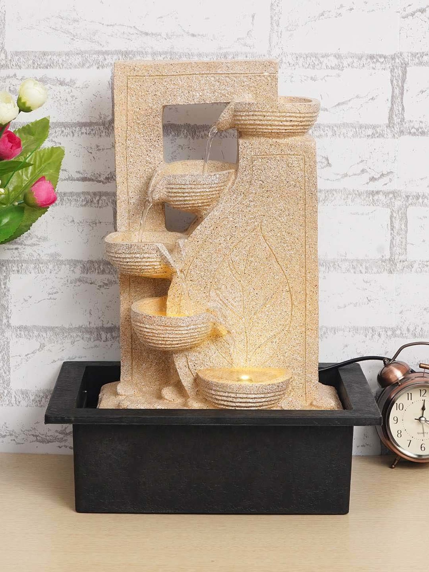 CHRONIKLE Cream Polyresin Leaf Print 4 Diya Steps Waterfall Fountain