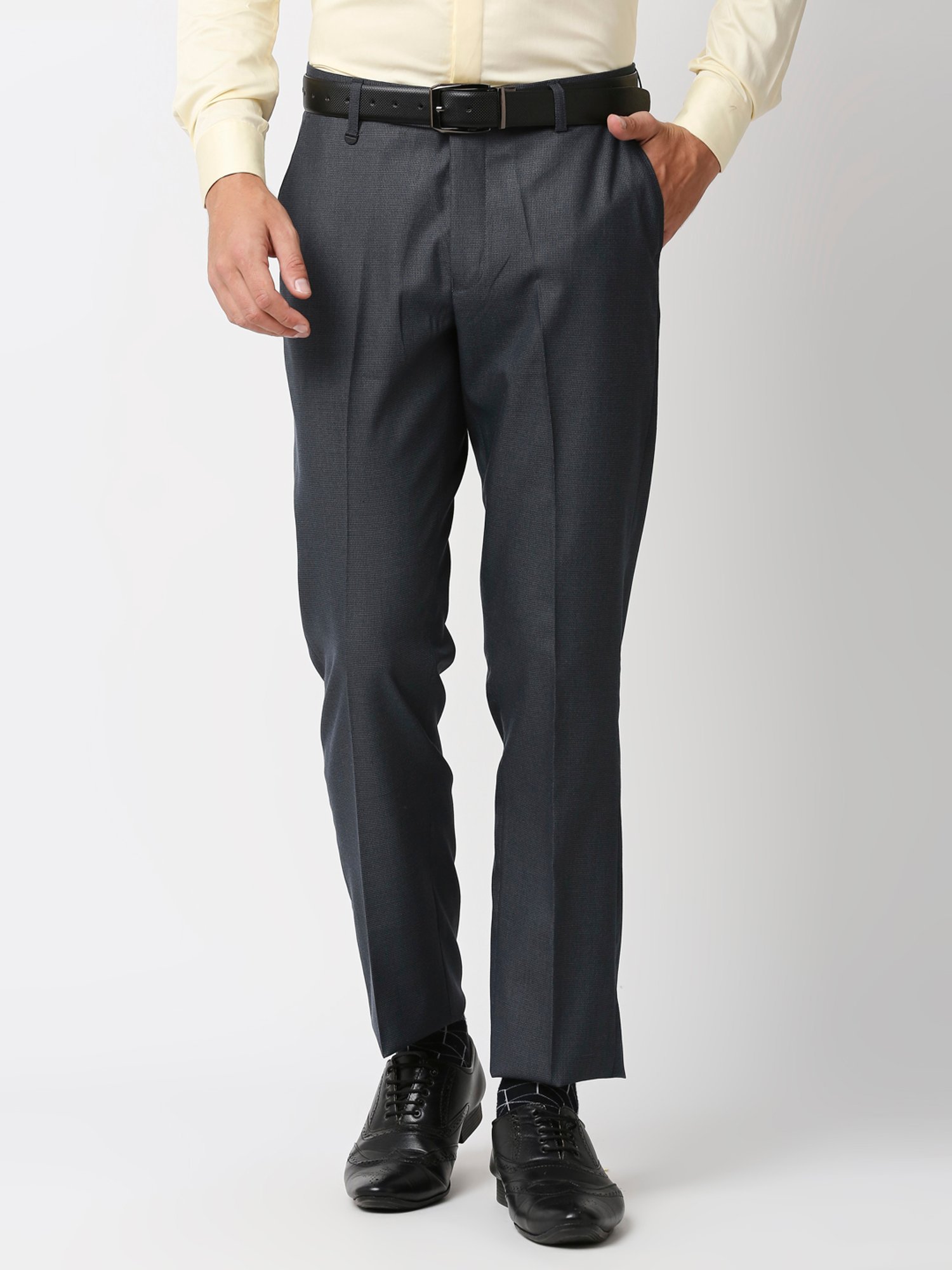 SOLEMIO Dark Blue Slim Fit Flat Front Trousers