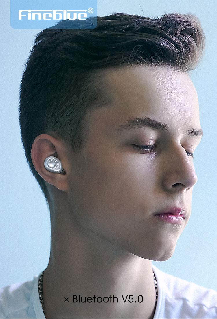 Fineblue X9Plus TWS Bluetooth 5.0 Earphone Wireless Small Earbuds 3D Stereo for phone sport with microphone waterproof (Black)