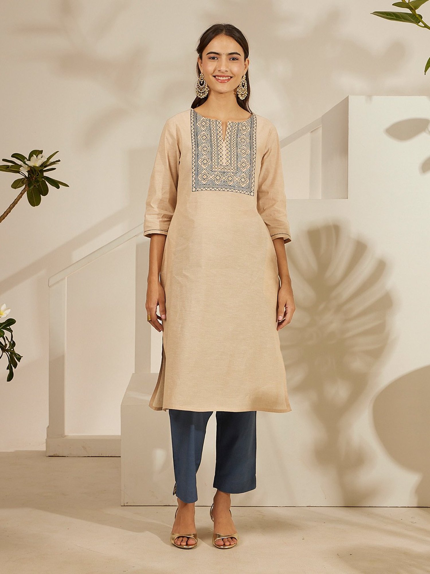 Daali Beige Mangalgiri Round Neck 3/4 Sleeves Smart Formals Kurta with Two Pockets